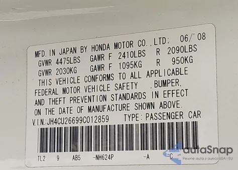 2009 Acura Tsx from USA, damaged, VIN JH4CU26699C012859